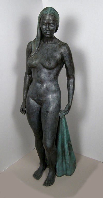 Victor Jules Bergeron, Jr.

American, 1902-1984

 

“Female Nude”

 

Bronze

Signed and dated 1969 on base

Height 64 ½ in.  Width 19 in.

 

                The life size figure modeled as if walking with a drape held in her hand