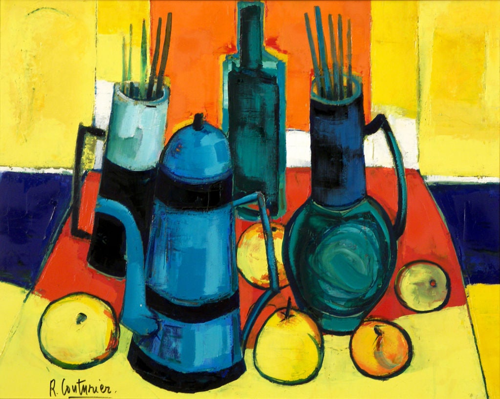 Rene Couturier<br />
French, b. 1933<br />
<br />
“Nature Morte, La Cafetiere Bleu”<br />
<br />
Oil on canvas<br />
Signed ‘Couturier’ and dated on reverse 1978<br />
24 by 30 in.   w/frame 37 by 43 in.<br />
<br />
    Rene Couturier is a