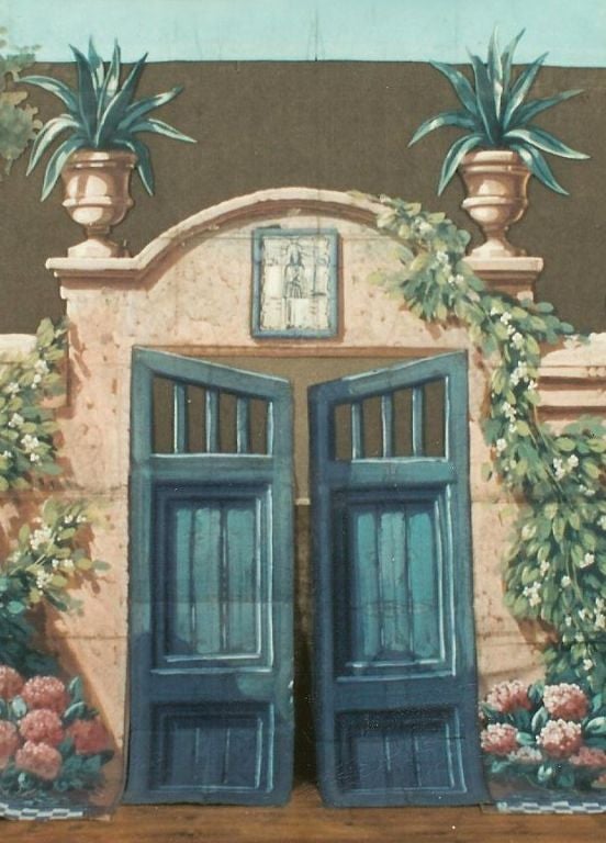 A French Paper & Canvas 

Theatre Backdrop Panel

Circa 1920

The panel depicts a Mediterranean garden scene 

with two opening doors in the center.

Provenance: From a Theatre in Nice