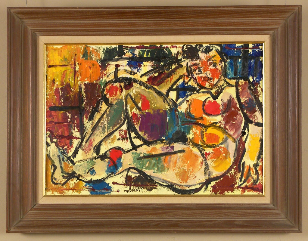 Zero Mostel<br />
American, 1915-1977<br />
<br />
“Reclining Nude”<br />
<br />
Oil on board<br />
Signed ‘Mostel’ lower center<br />
15 by 21 ¼ in.   w/frame 21 ¼ by 27 ½ in.<br />
<br />
	Samuel Joel (Zero) Mostel was born in Brooklyn,