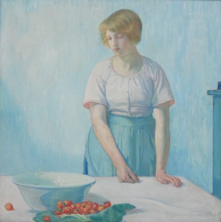 Myron Barlow

American, 1873-1937

“Woman with Strawberries”

Oil on canvas

29 by 29 in.  W/frame 35 by 35 in.
Unsigned

Myron studied at the Art Institution of Chicago; Ecole des Beaux-Arts,Gerome, Paris;  Academie Colarossi, Paris