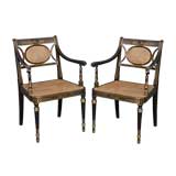 English Pair Chinoiserie Black Lacquered Armchairs