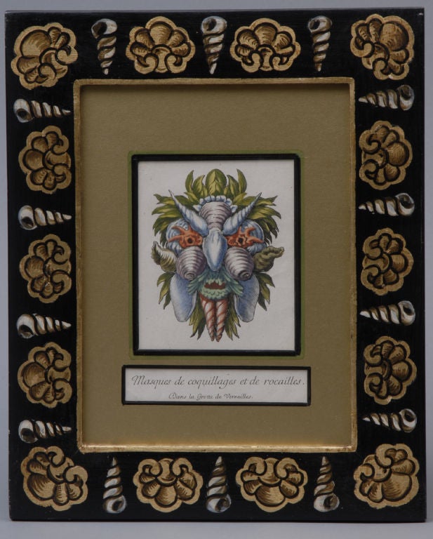 Set of four copperplate engravings by Le Potre, published, Paris, 1679. Description de la Grotte de Versailles. Rocailles of Masques made from shells. Later-hand coloring. Hand-painted black lacquered frames decorated with shells and gold mounts.