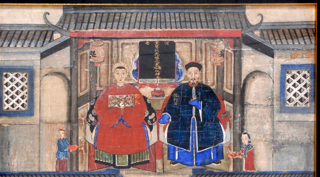 Very large Chinese ancestor portrait showing three generations sitting in the pagoda with their servants.  The oldest generation is at the top and the youngest at the bottom.  They are wearing colorful costumes with badges depicting their rank.  Ink