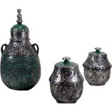 Retro Three Moroccan Ceramic and  Pewter Vessels