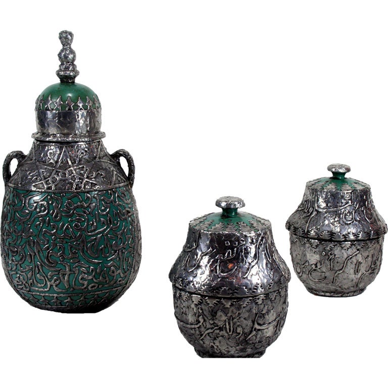 Three Moroccan Ceramic and  Pewter Vessels