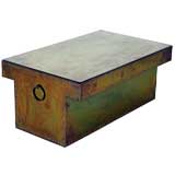 Brass riveted strongbox style T shape coffee table by Charak