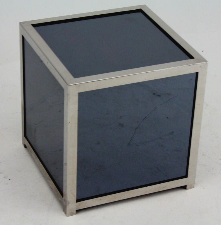 A pair of small cube form side tables by Jay Spectre with dark charcoal mirrored glass surfaces and chromed steel frames.