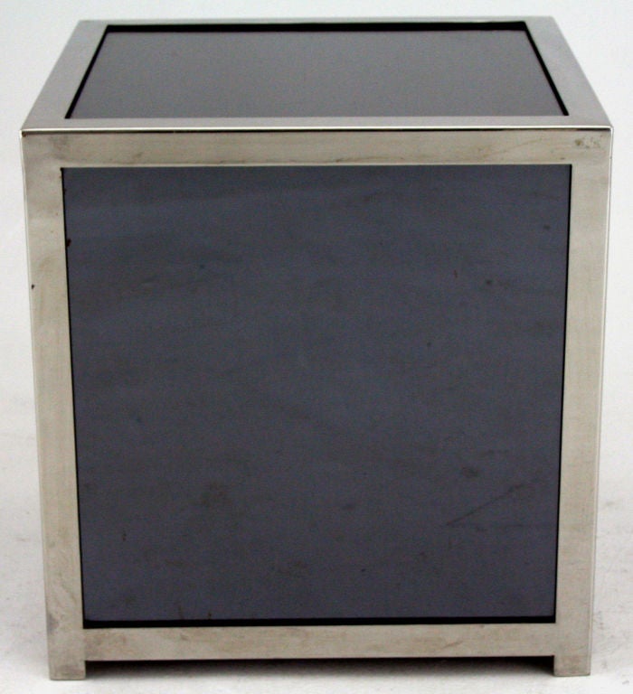 American Pair of Smoked Glass Mirror and Chromed Steel Cube Tables For Sale