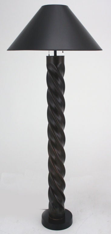 A Pair of Tall Aged Bronze  Finish Twisted Column Lamps