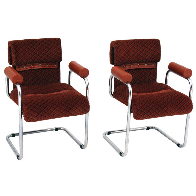 Four Pace Armchairs in Unique Print with Leather Details