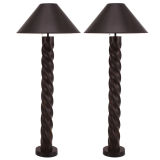 A Pair of Tall Aged Bronze  Finish Twisted Column Lamps