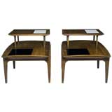 Pair of Two-Tiered Wood, Black and White Block Side Tables