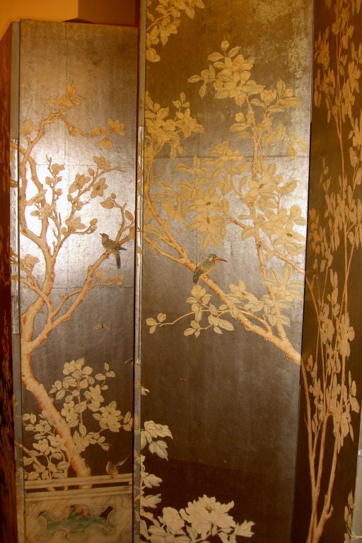 Mid-20th Century Japanese Silver leaf hand painted screen by Gracie