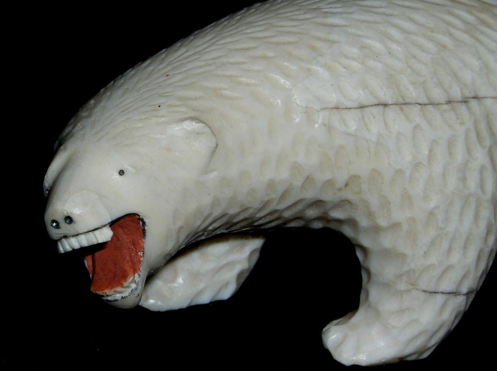 An extremely well carved Inuit or Eskimo ivory of a polar bear. It has been stained or painted red in the mouth area and black for it's eyes, nose and gums. There are age cracks to the body. This item came out of an extremely prominent Hudson Valley