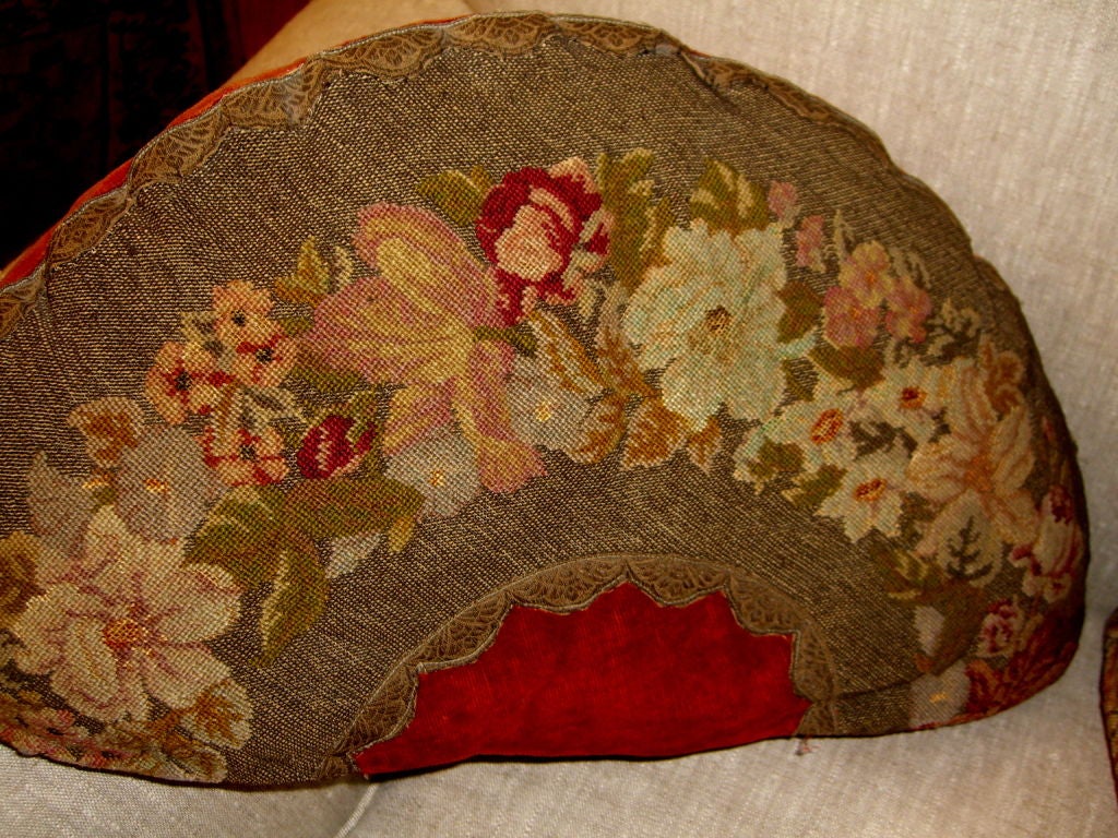 Pair of Petit point or needle point Victorian demilune pillows