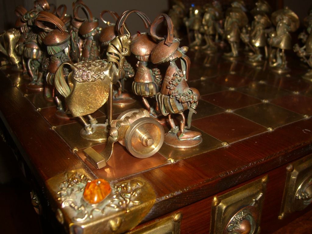 20th Century Wonderful hand made chess set polish artists brass copper amber