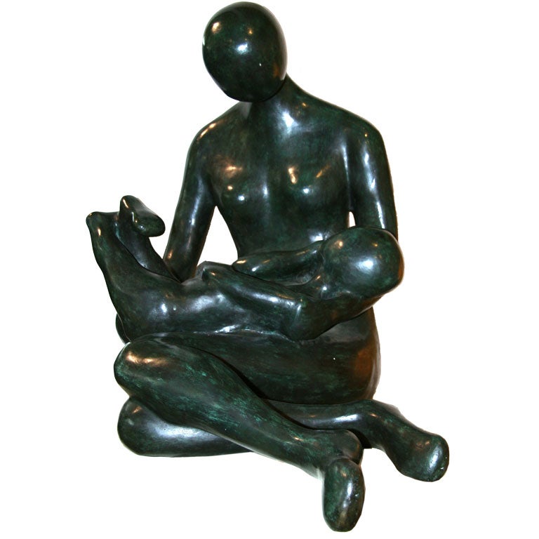 Lrg bronze sculpture Mother & child by noted artist Carol Miller