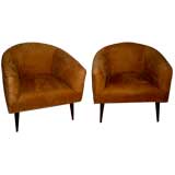 Barrel chairs in brushed leather by Milo Baughman Thayer Coggin