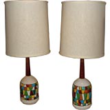 Great pair of Italian 60's painted enamelled lamps linen shades
