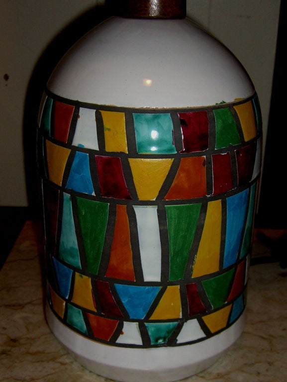 Great pair of Italian 60's painted enamelled lamps linen shades