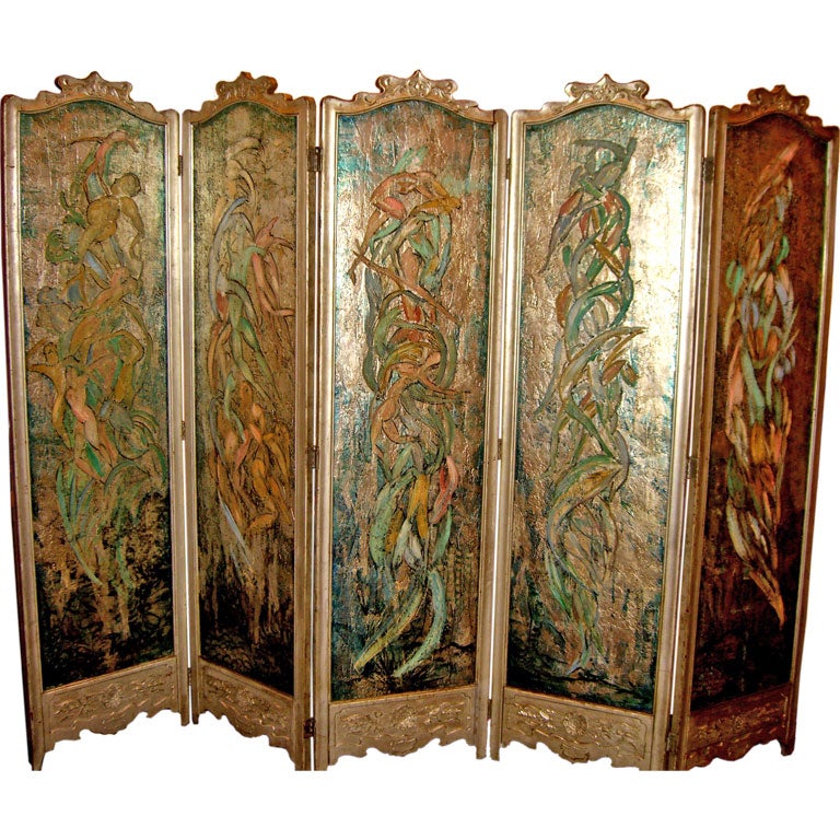 Rare Robert Chanler Tiffany Artist screen with  cubist nudes