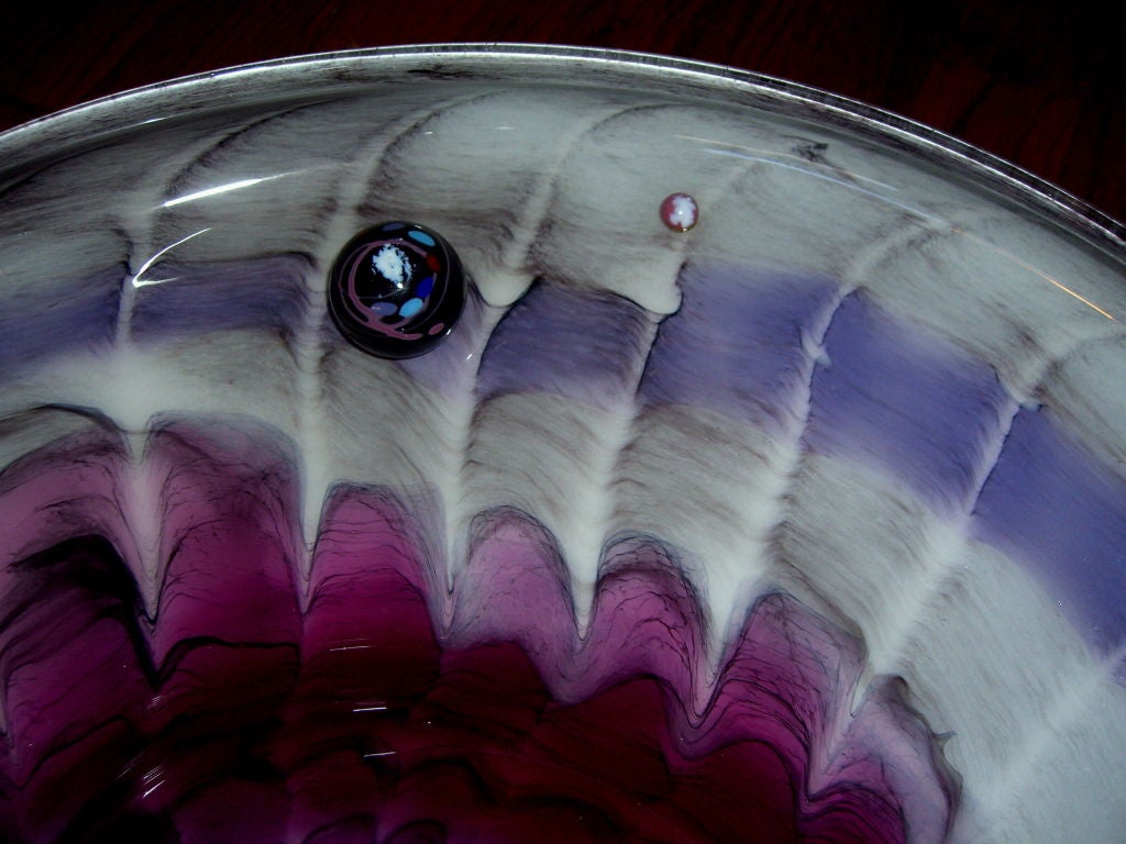 A great large hand blown art glass centerpiece signed and dated Cliff Goodman 1986. We bought this piece out of an apartment that had been done by a designer in the 1980's who purchased most of the the items at John Stuart.