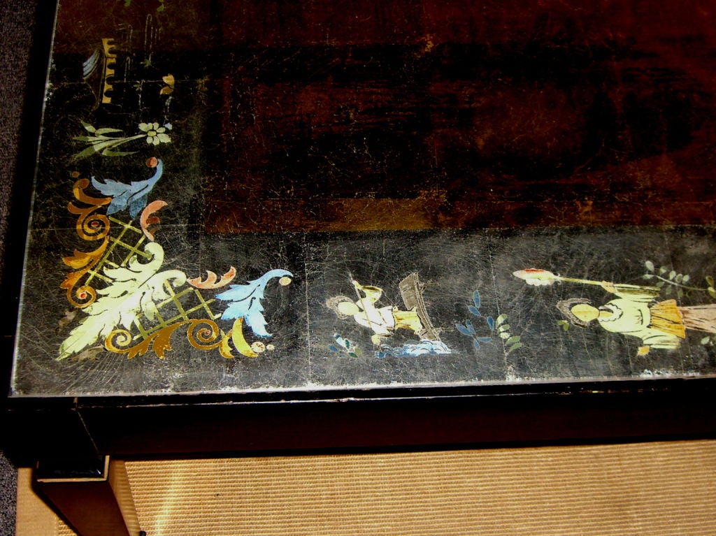 Japonisme hand reverse painted Eglomise top ebonised table