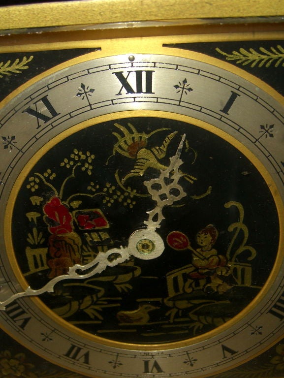 American Chinoiserie themed enameled clock by the Chelsea Clock company