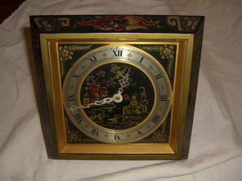 Chinoiserie themed enameled clock by the Chelsea Clock company 3