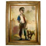 Adorable oil on canvas of a boy with a dachshund ex Christie's