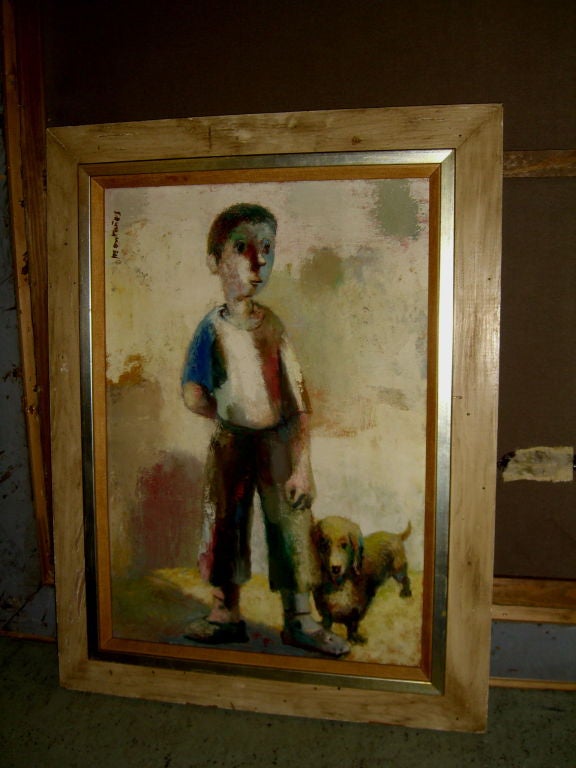 Adorable oil on canvas of a boy with a dachshund ex Christie's