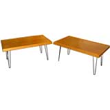 Pair of nice mid century oak tables with black iron hairpin legs