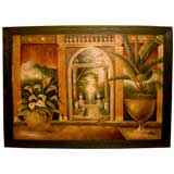 Great oil on canvas of a garden scene, probably a stage backdrop