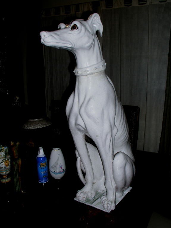 Life size Majolica tin glazed terracotta Greyhound w/ glass eyes