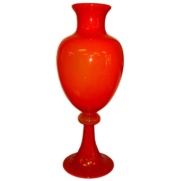 Large mid century modern Italian orange red bulbous glass vase at 1stDibs