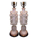 Nice pair of marbro 1960's white Onyx floral carved lamps