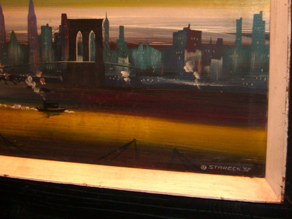 American Edgar Stareck 1957 mixed media New york skyline Brooklyn Bridge