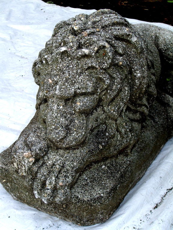 20th Century Great pair of of old cast stone recumbent lions