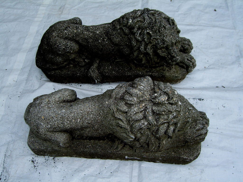 Cast Stone Great pair of of old cast stone recumbent lions