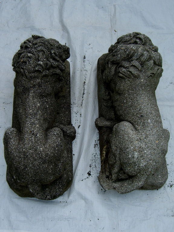 Great pair of of old cast stone recumbent lions 3