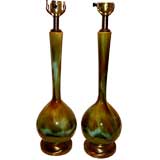 Flambe glazed pair of mid century modern lamps