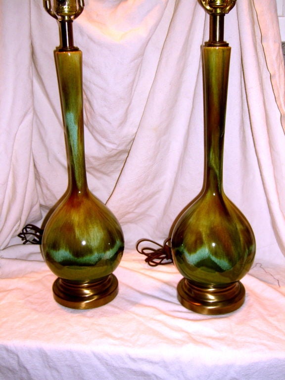 Flambe glazed pair of mid century modern lamps