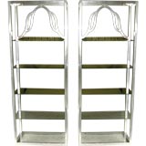 Unique pair of aluminum hand crafted etageres with glass shelves
