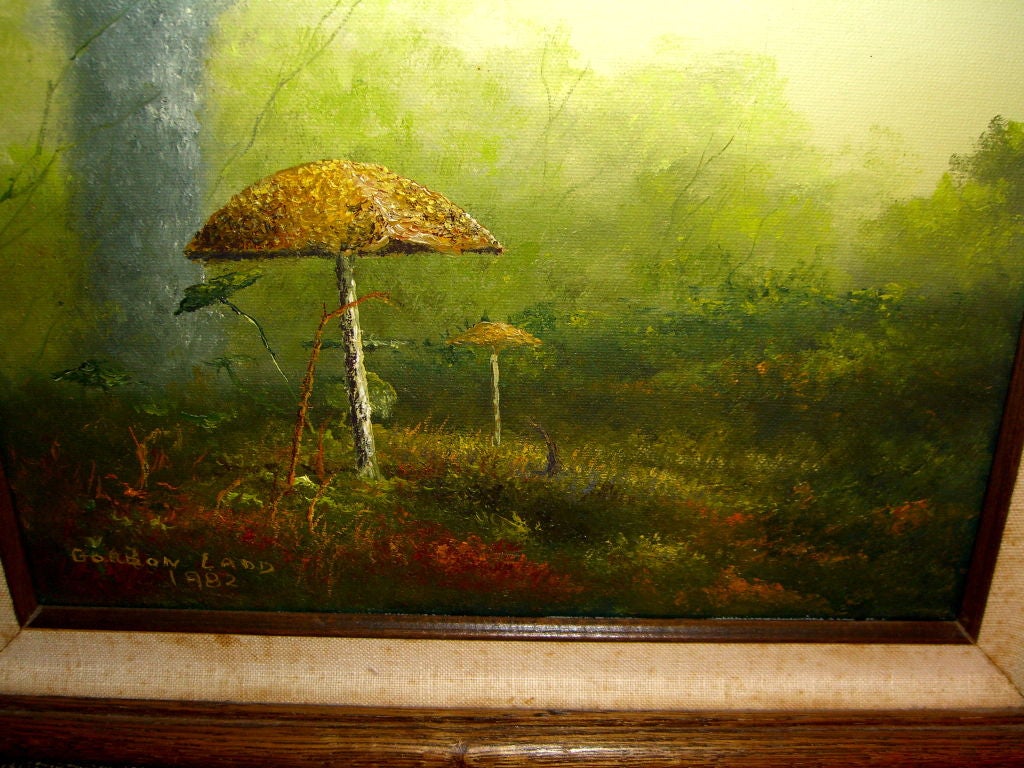 A quite lovely painting of a surreal Fantasy scene by the noted Canadian artist Gordon Ladd. It is titled on the rear Fantasie and Fantasy. It is signed lower left and dated 1982. Mr Ladd maintains a wesite at Gordonladd.com Please visit. A brief
