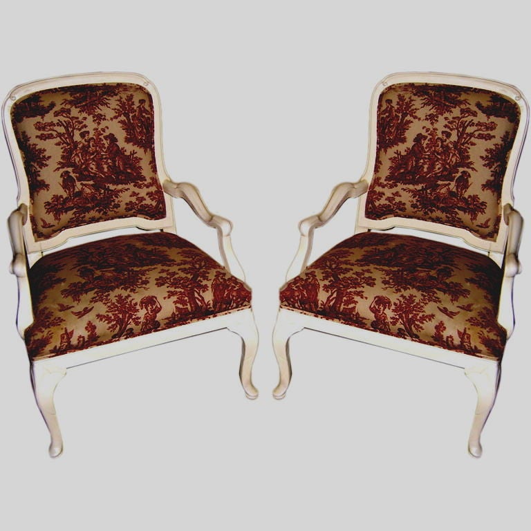 1920's Queen Anne style lacquered white chairs w/ toile fabric