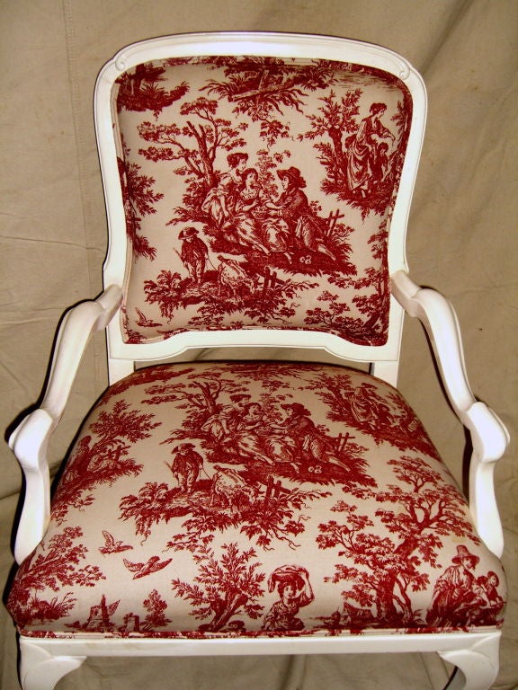 Wood 1920's Queen Anne style lacquered white chairs w/ toile fabric