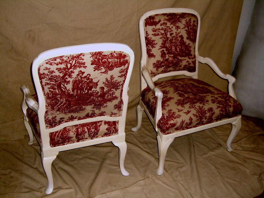 1920's Queen Anne style lacquered white chairs w/ toile fabric 1
