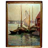 Peconic bay impressionist Carloine M.. Bell oil board boat scene