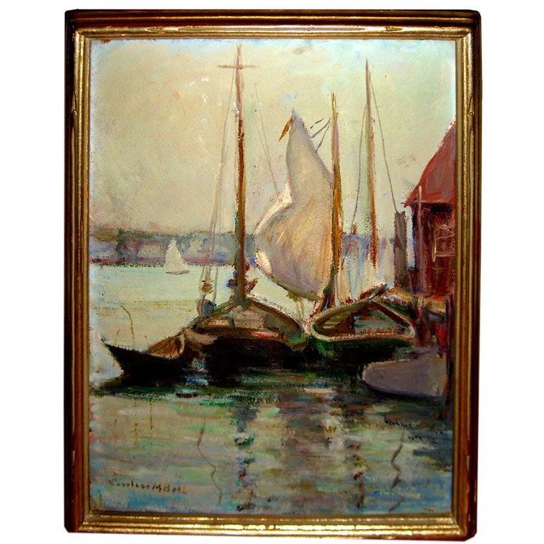 Peconic bay impressionist Carloine M.. Bell oil board boat scene